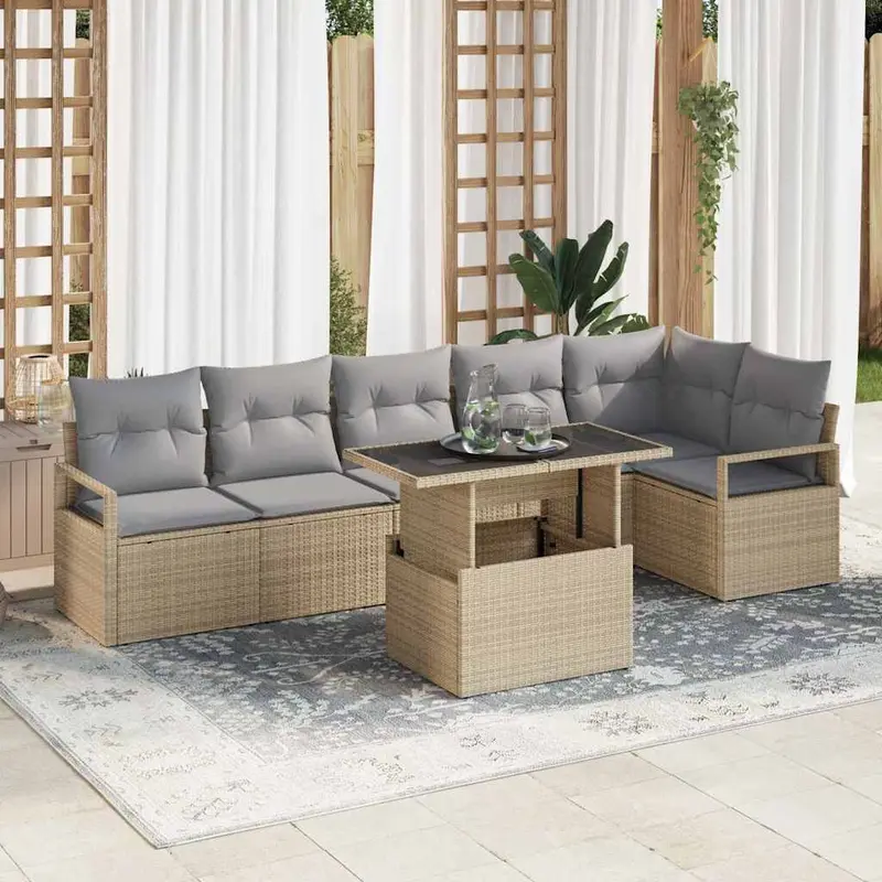 Conjunto de sofá de jardín 7 pcs Beige Poliratán