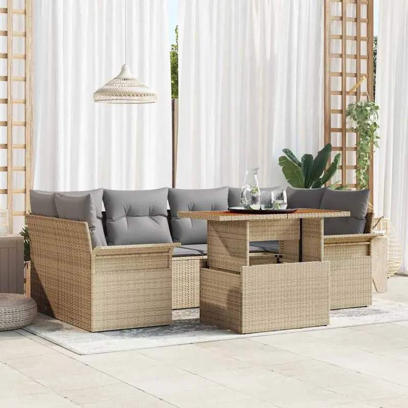 Conjunto de sofá de jardín 7 pcs Beige Poliratán