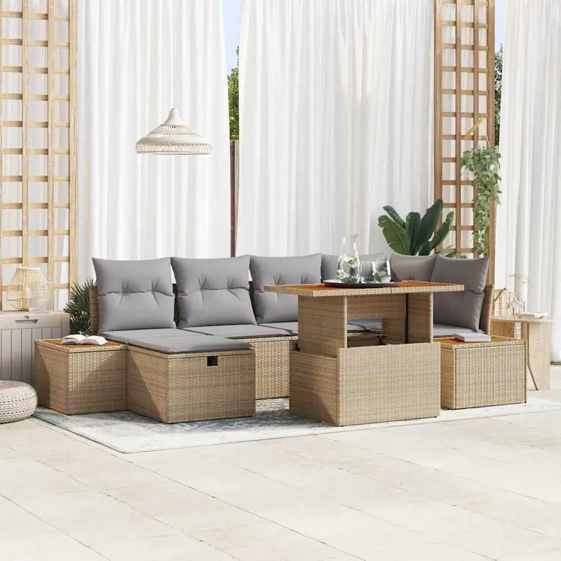 Conjunto de sofá de jardín 7 pcs Beige ratán sintético