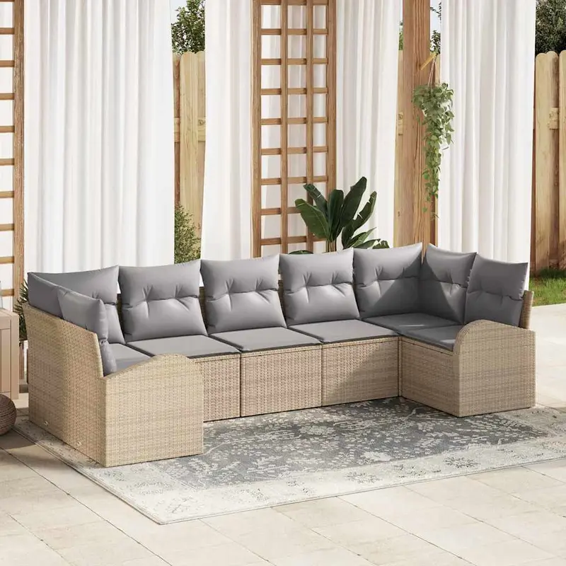 Conjunto de sofá de jardín 7 pcs Beige Rattan de Poliéster