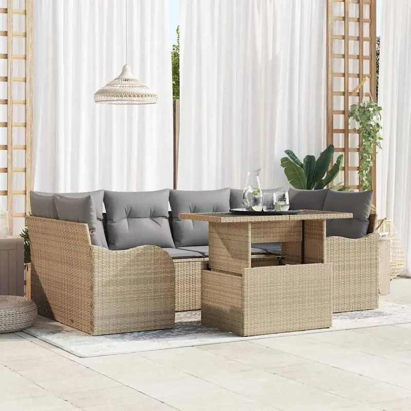 Conjunto de sofá de jardín 7 pcs Beige Rattan de Poliéster
