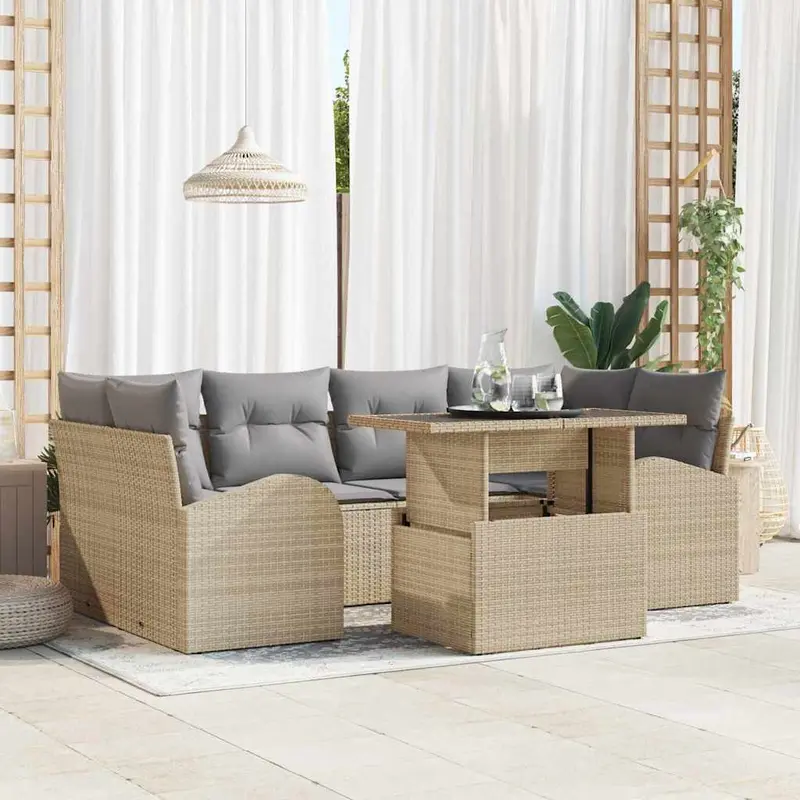 Conjunto de sofá de jardín 7 pcs Beige Rattan de Poliéster