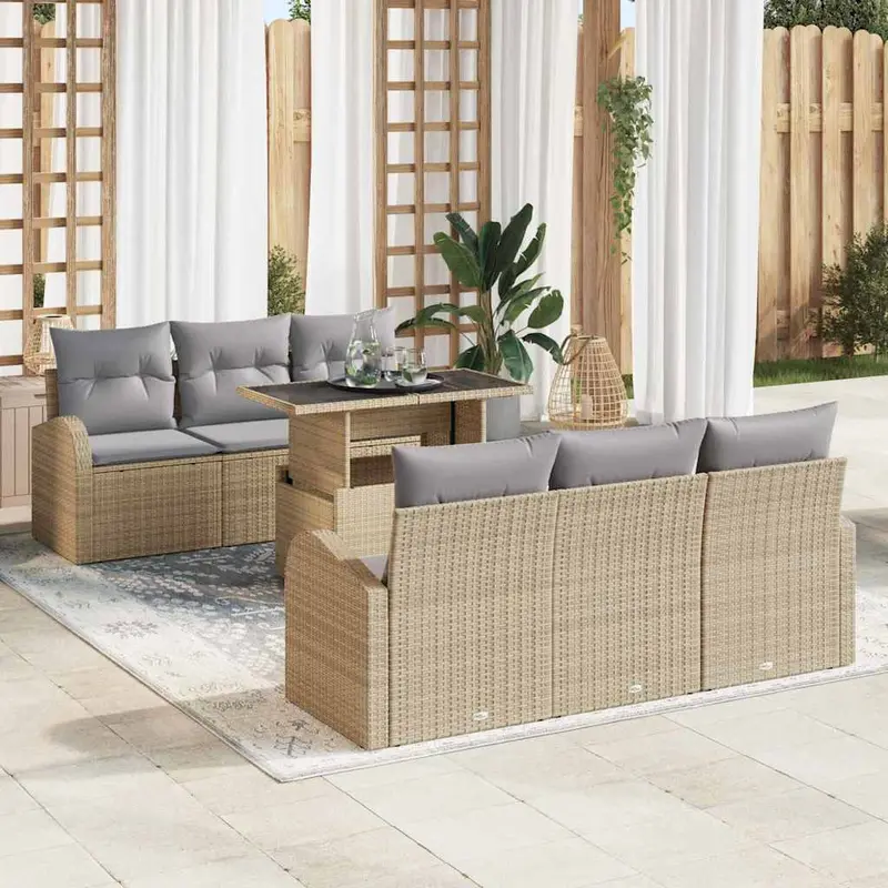 Conjunto de sofá de jardín 7 pcs Beige Rattan de Poliéster