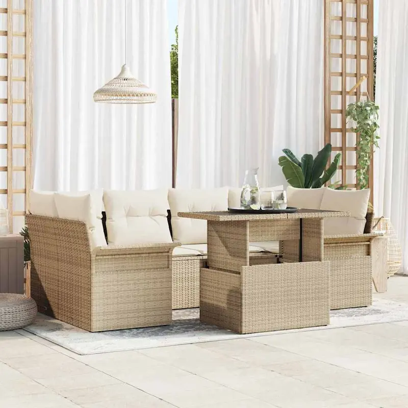 Conjunto de sofá de jardín 7 pcs Beige Rattan de Poliéster