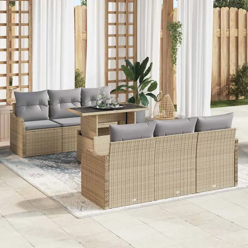 Conjunto de sofá de jardín 7 pcs Beige Rattan de Poliéster