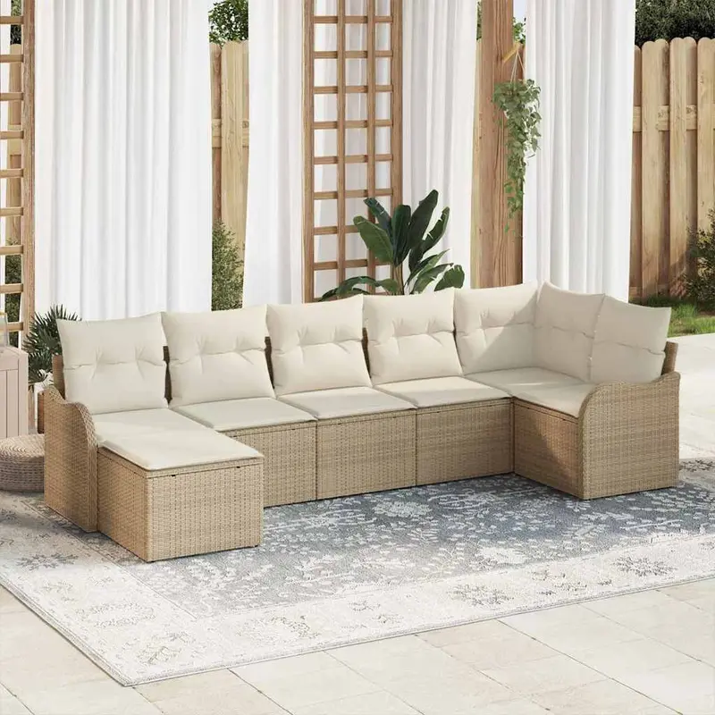 Conjunto de sofá de jardín 7 pcs Beige y blanco Poliratán