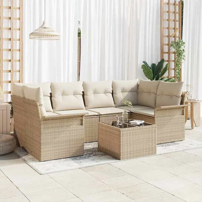 Conjunto de sofá de jardín 7 pcs Beige y Crema 55 x 55 x 37 cm