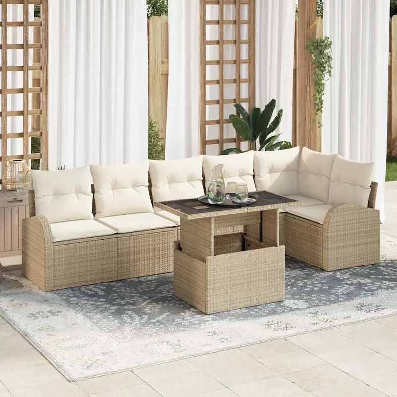 Conjunto de sofá de jardín 7 pcs beige y crema ratán sintético