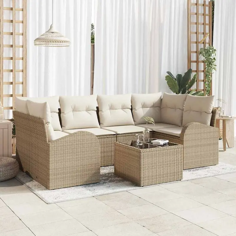 Conjunto de sofá de jardín 7 pcs Beige y Crema ratán sintético