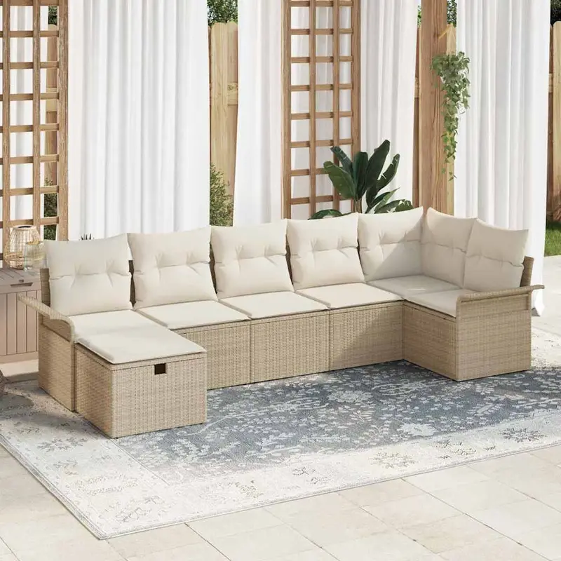 Conjunto de sofá de jardín 7 pcs Beige y Crema ratán sintético