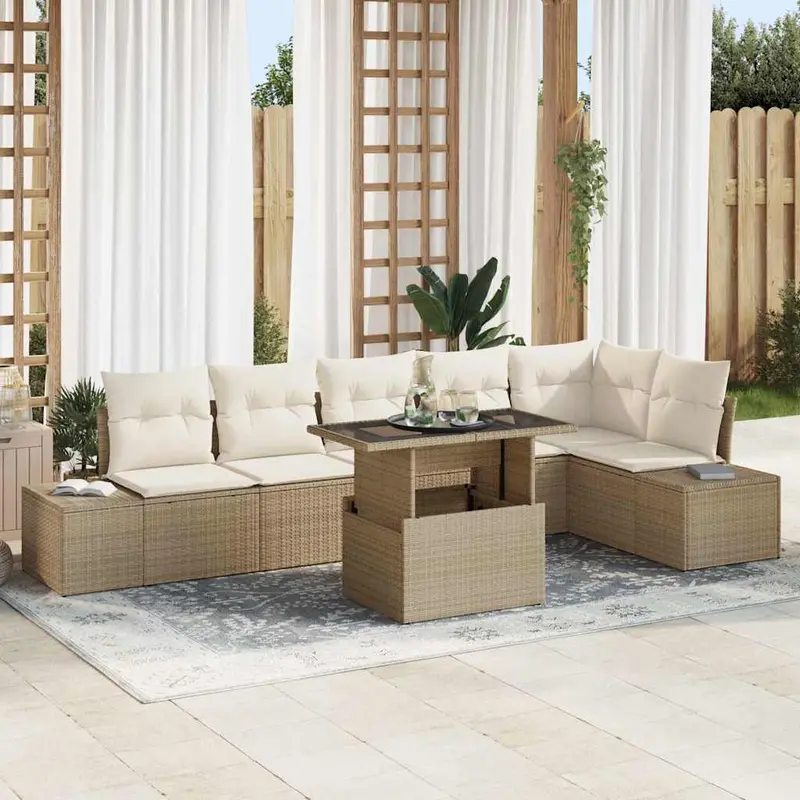 Conjunto de sofá de jardín 7 pcs Beige y Crema ratán sintético