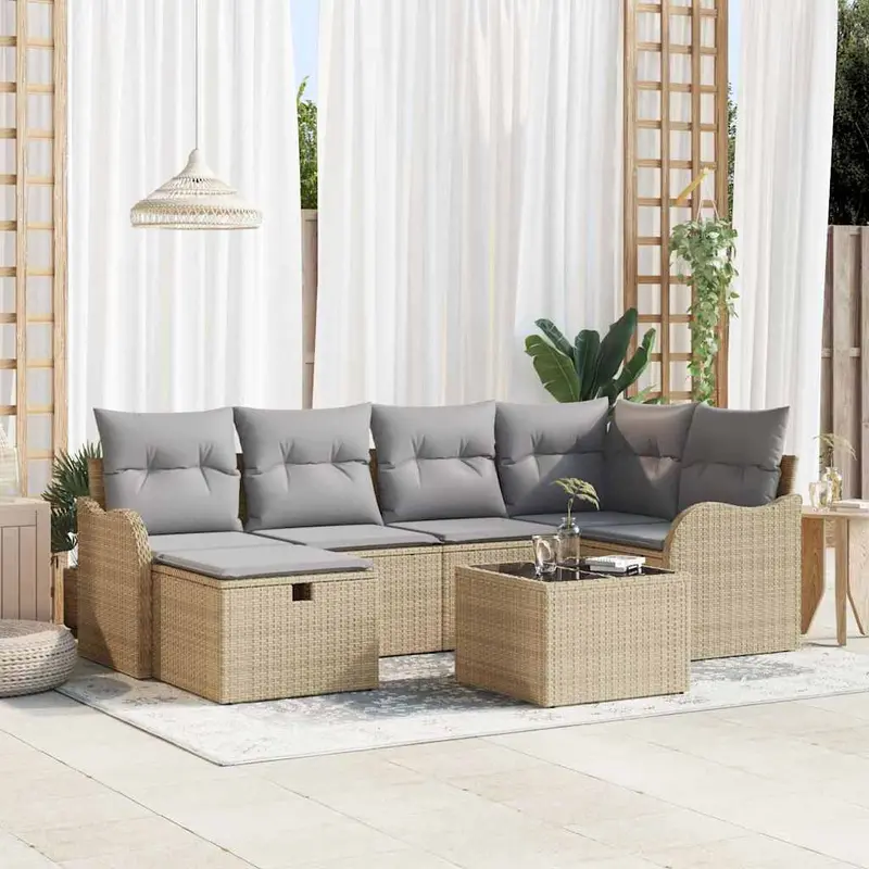 Conjunto de sofá de jardín 7 pcs beige y gris claro Poliratán