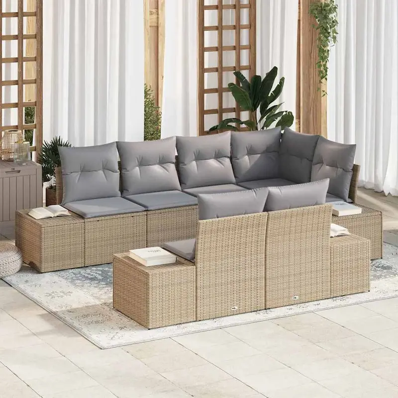 Conjunto de sofá de jardín 7 pcs Beige y gris ratán sintético