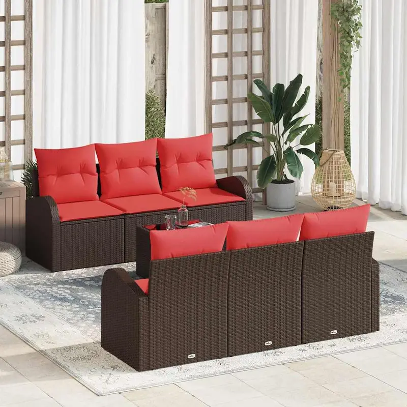 Conjunto de sofá de jardín 7 pcs Beige y Rojo ratán sintético