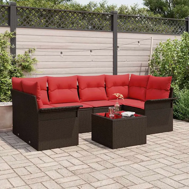 Conjunto de sofá de jardín 7 pcs Beige y Rojo ratán sintético