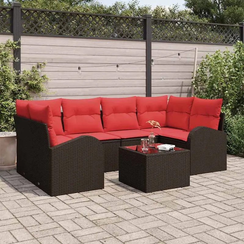 Conjunto de sofá de jardín 7 pcs Beige y Rojo ratán sintético