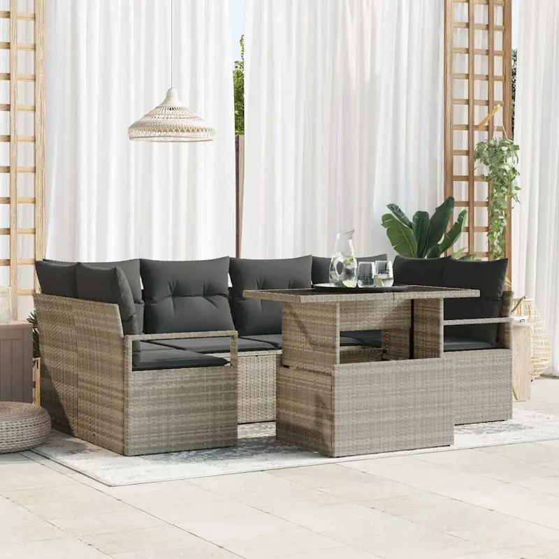 Conjunto de sofá de jardín 7 pcs Gris Claro ratán sintético