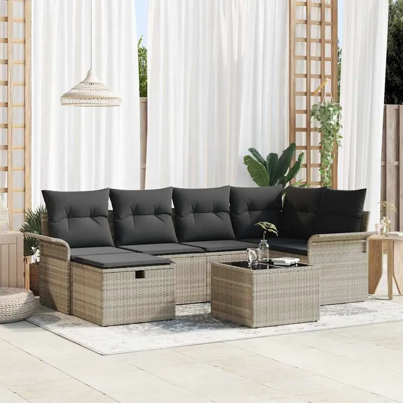 Conjunto de sofá de jardín 7 pcs Gris Claro ratán sintético