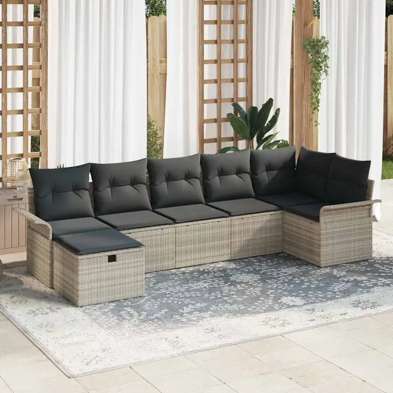 Conjunto de sofá de jardín 7 pcs Gris Claro ratán sintético