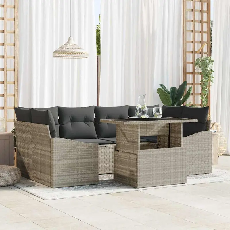 Conjunto de sofá de jardín 7 pcs Gris Claro ratán sintético