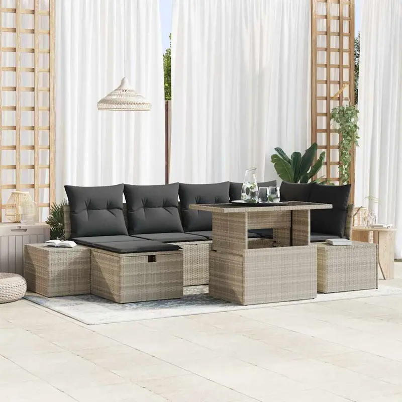 Conjunto de sofá de jardín 7 pcs Gris Claro ratán sintético