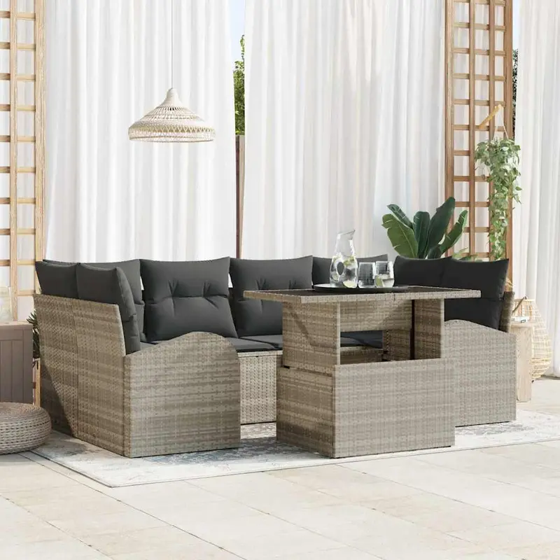 Conjunto de sofá de jardín 7 pcs Gris Claro Rattan de Poliéster