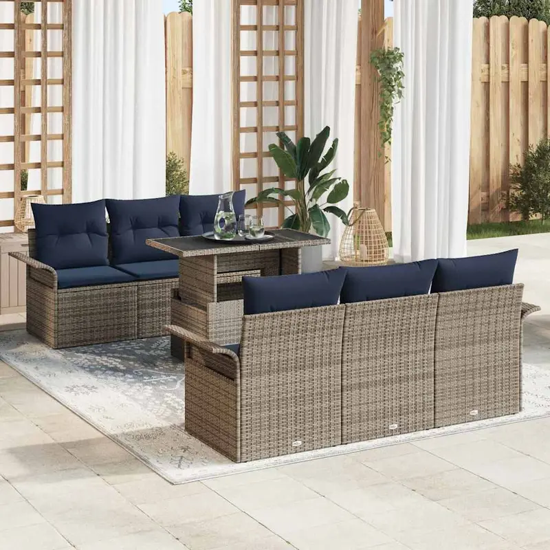 Conjunto de sofá de jardín 7 pcs Gris Rattan de Poliéster