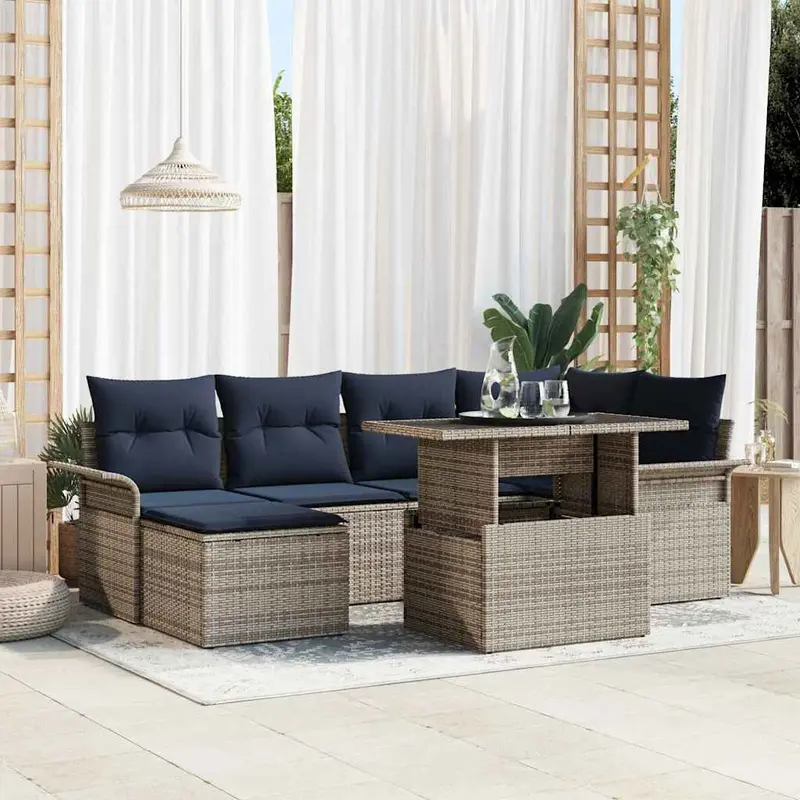 Conjunto de sofá de jardín 7 pcs Gris Rattan de Poliéster