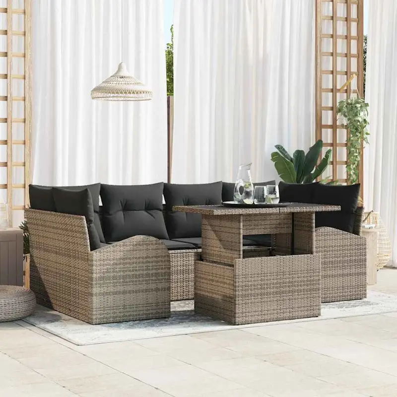 Conjunto de sofá de jardín 7 pcs Gris Rattan de Poliéster