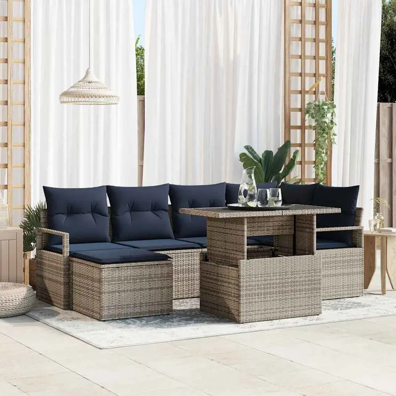 Conjunto de sofá de jardín 7 pcs Gris y azul marino Poliratán