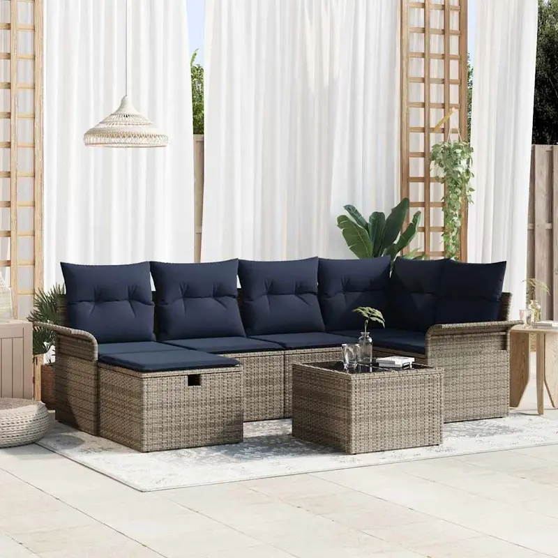 Conjunto de sofá de jardín 7 pcs Gris y marino ratán sintético