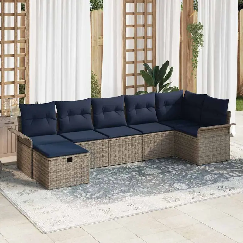 Conjunto de sofá de jardín 7 pcs Gris y marino ratán sintético