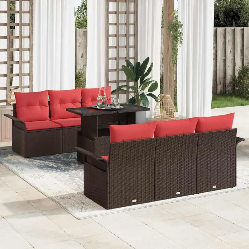 Conjunto de sofá de jardín 7 pcs Marrón ratán sintético