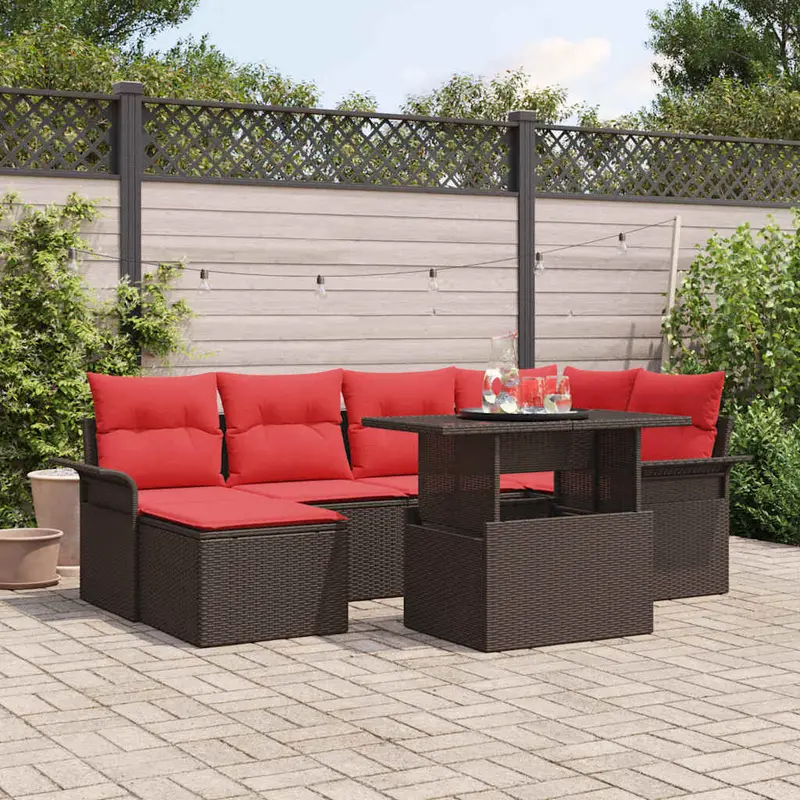 Conjunto de sofá de jardín 7 pcs Marrón ratán sintético