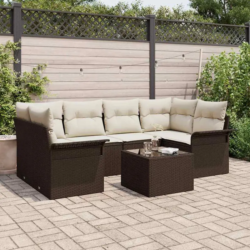 Conjunto de sofá de jardín 7 pcs Marrón ratán sintético