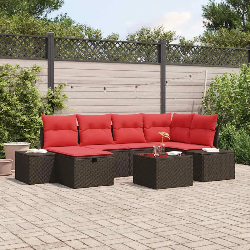 Conjunto de sofá de jardín 7 pcs Marrón ratán sintético