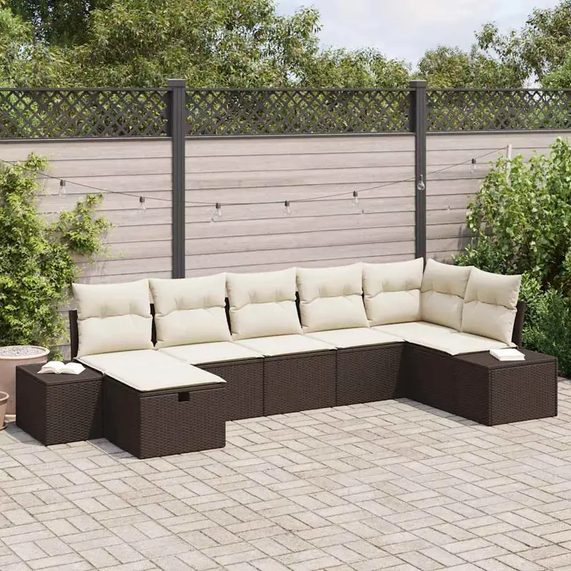 Conjunto de sofá de jardín 7 pcs Marrón ratán sintético
