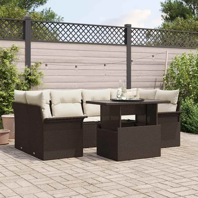 Conjunto de sofá de jardín 7 pcs Marrón ratán sintético