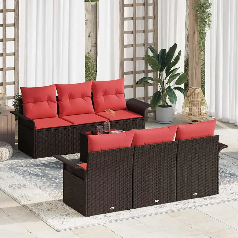 Conjunto de sofá de jardín 7 pcs Marrón ratán sintético