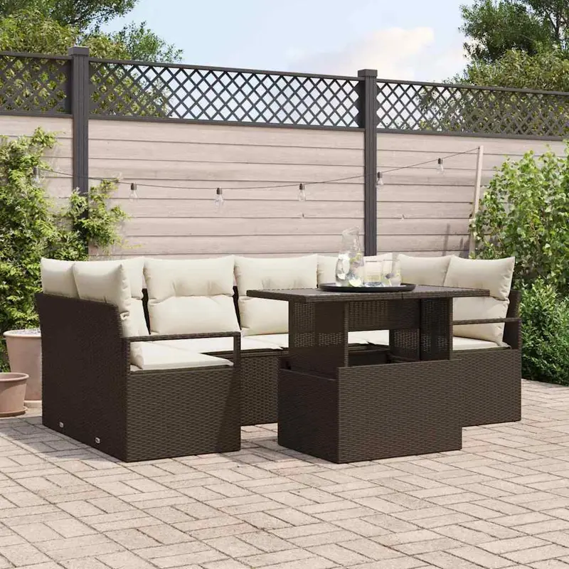 Conjunto de sofá de jardín 7 pcs Marrón ratán sintético