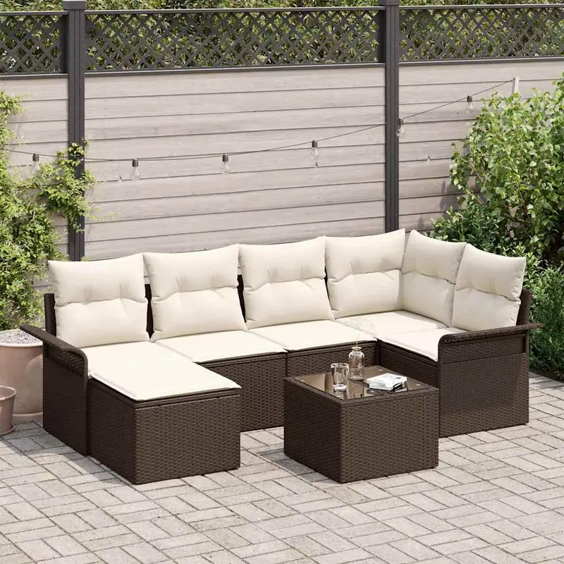 Conjunto de sofá de jardín 7 pcs Marrón ratán sintético