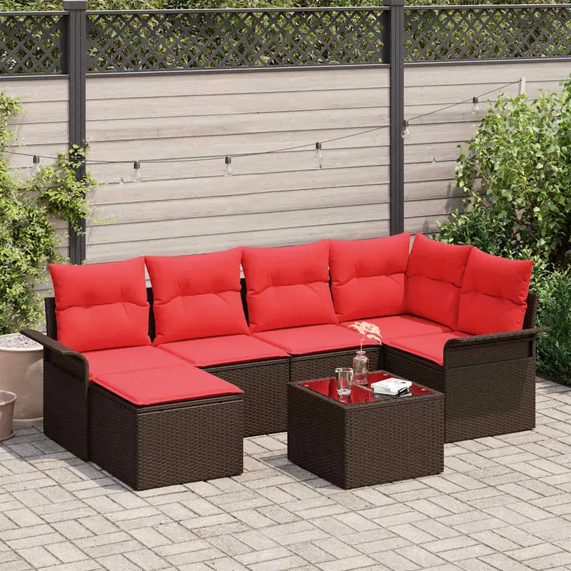 Conjunto de sofá de jardín 7 pcs Marrón ratán sintético