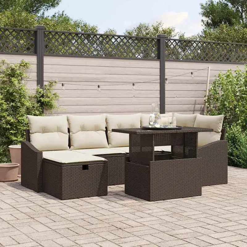 Conjunto de sofá de jardín 7 pcs Marrón ratán sintético