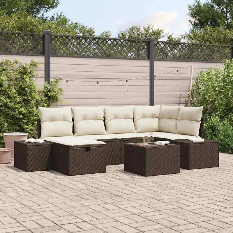 Conjunto de sofá de jardín 7 pcs Marrón ratán sintético