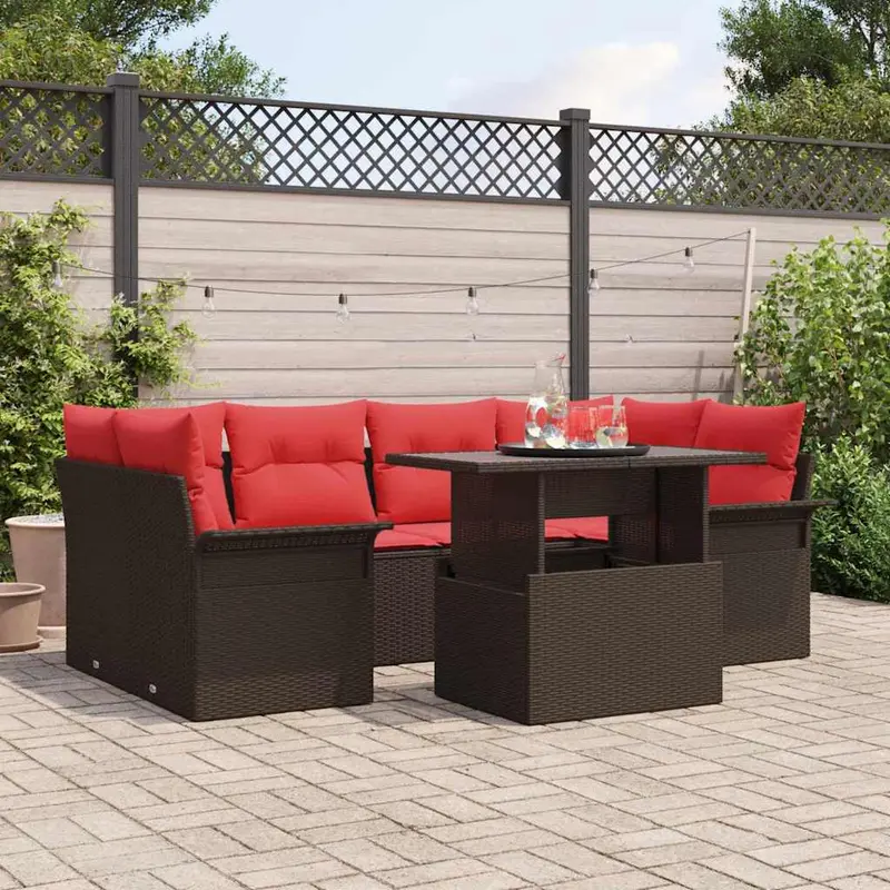 Conjunto de sofá de jardín 7 pcs Marrón ratán sintético