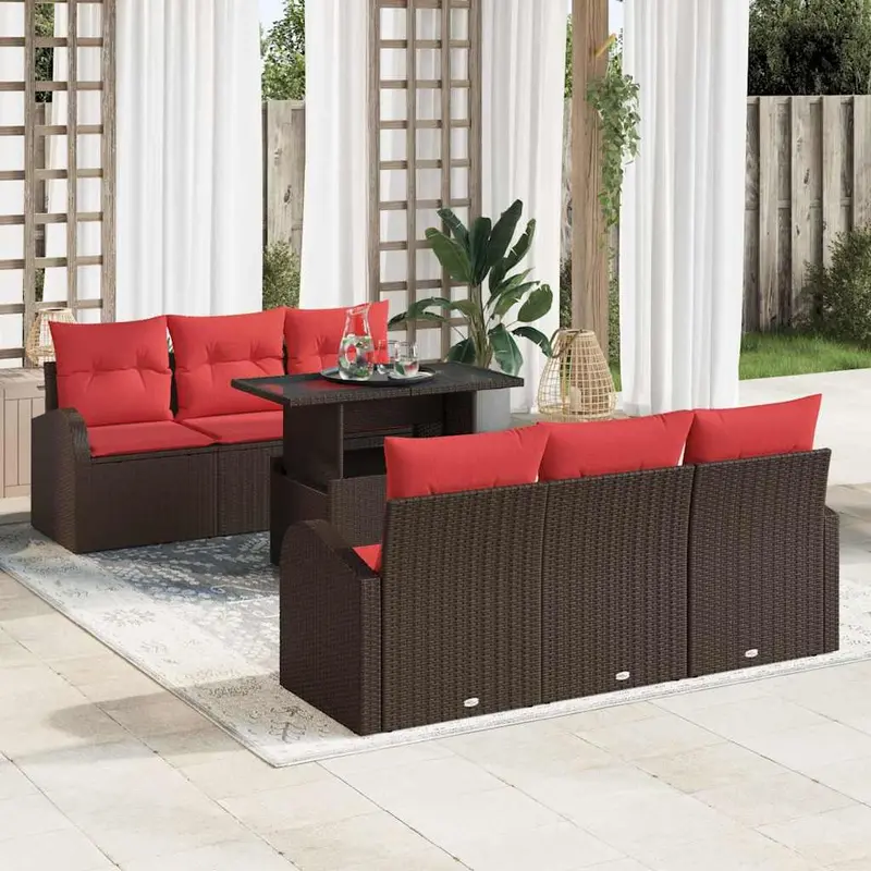 Conjunto de sofá de jardín 7 pcs Marrón Rattan de Poliéster