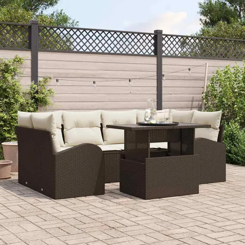 Conjunto de sofá de jardín 7 pcs Marrón Rattan de Poliéster