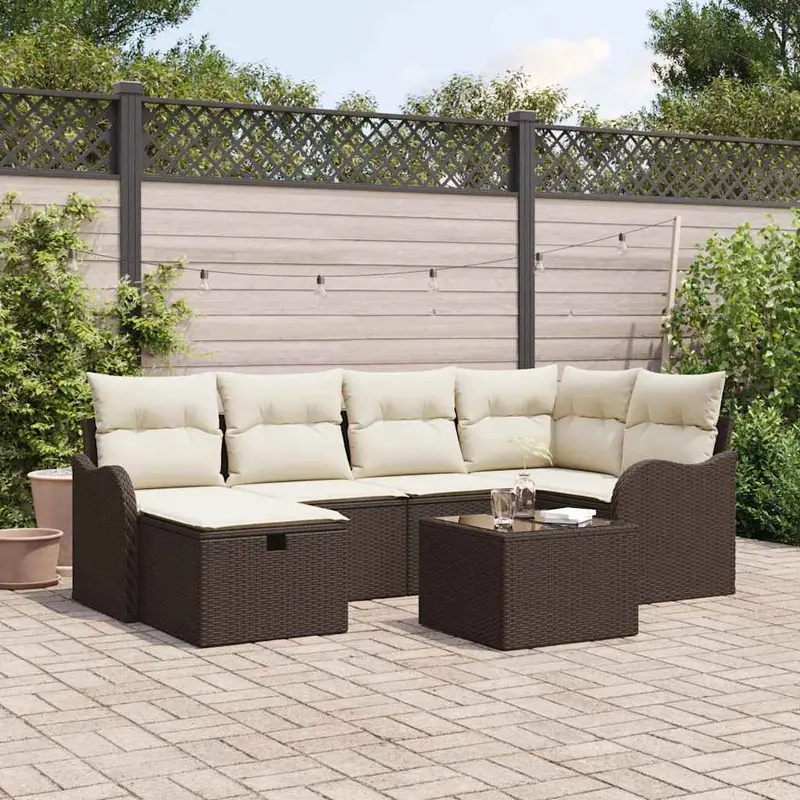 Conjunto de sofá de jardín 7 pcs Marrón y crema Poliratán