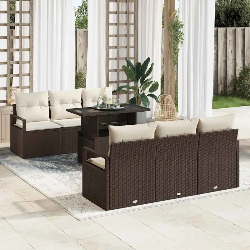 Conjunto de sofá de jardín 7 pcs Marrón y crema ratán sintético