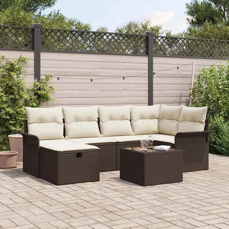 Conjunto de sofá de jardín 7 pcs Marrón y crema ratán sintético